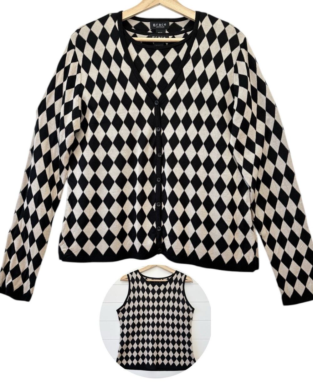 Grace Knitwear Silk Blend Diamond Argyle Cardigan Sweater Tank 2 Piece Set L